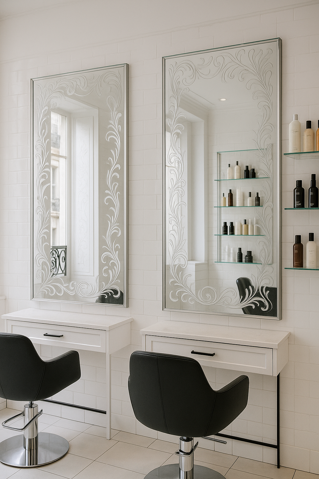 Gravure personnalisée de 2 miroirs pour un salon de coiffure