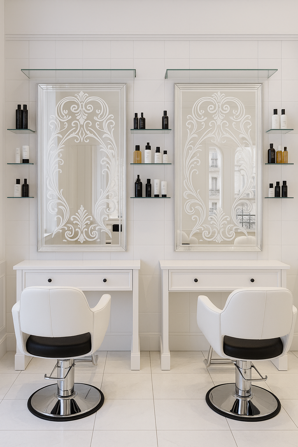 Gravure personnalisée de 2 miroirs pour un salon de coiffure