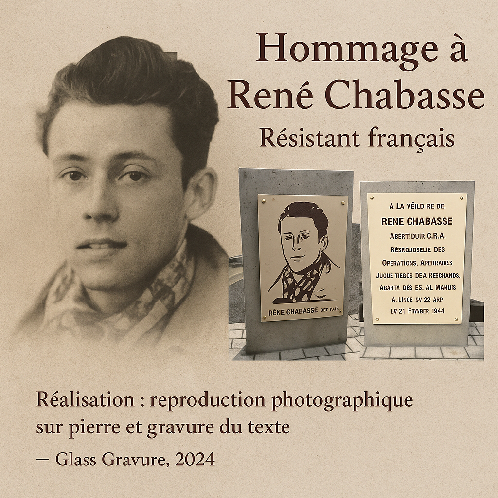 Stèle commémorative : Boulevard René CHABASSE ( reproduction d'un portrait + gravure texte sur pierre de COMBE BRUNE)